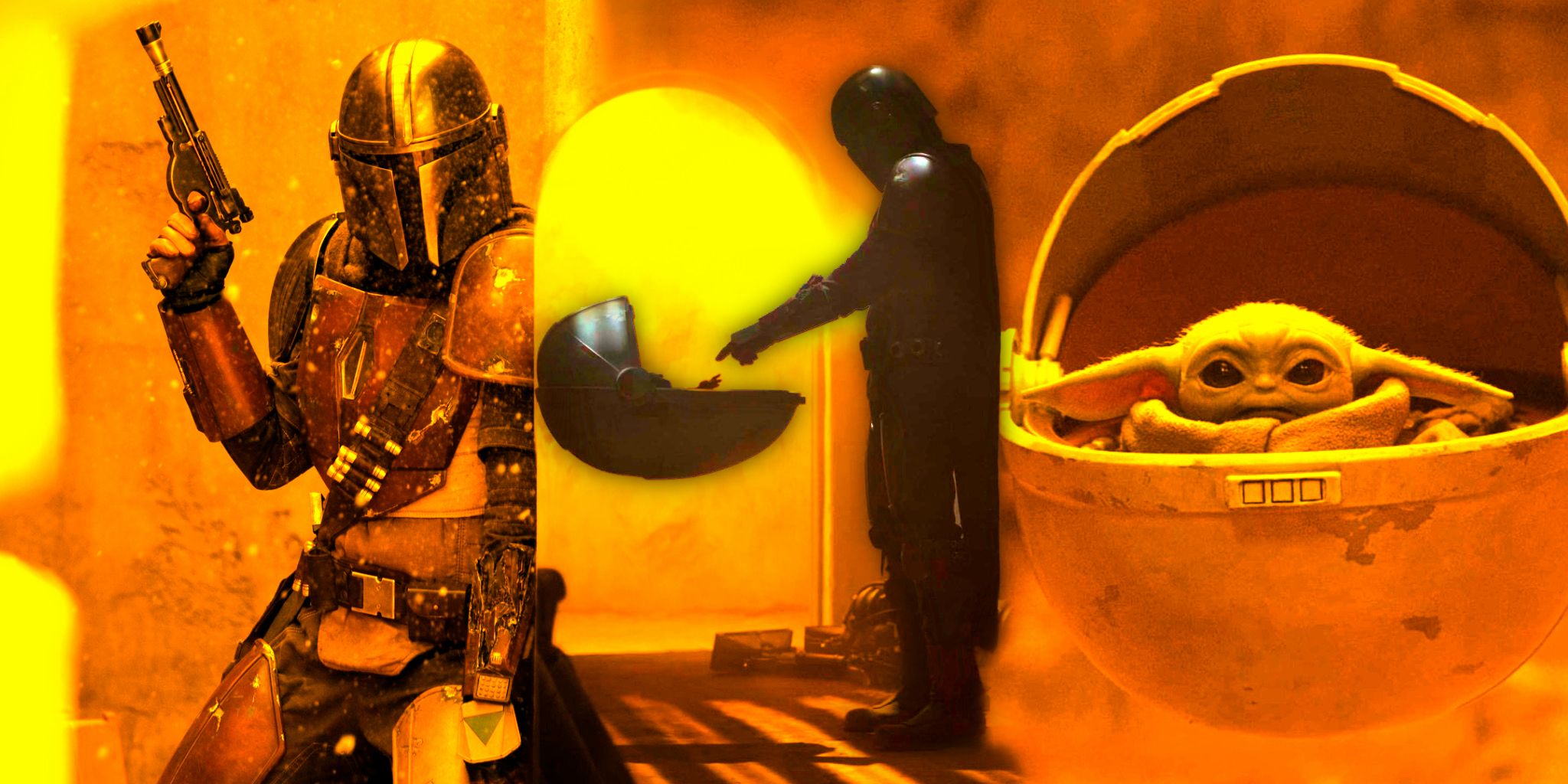 Din Djarin and Grogu meet in the foreground, with Din and Grogu from The Mandalorian season 1 in the background