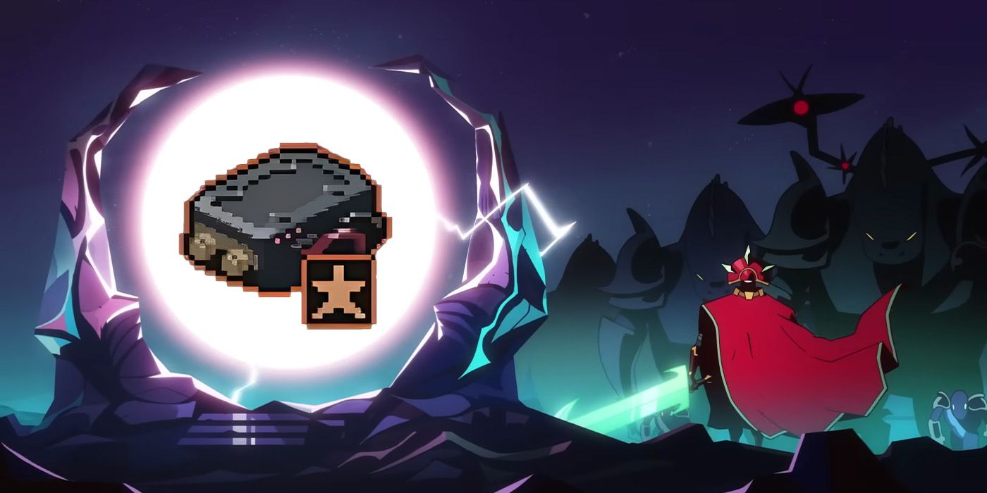 A character holding a sword looking at the Strange Battery in Risk of Rain Returns