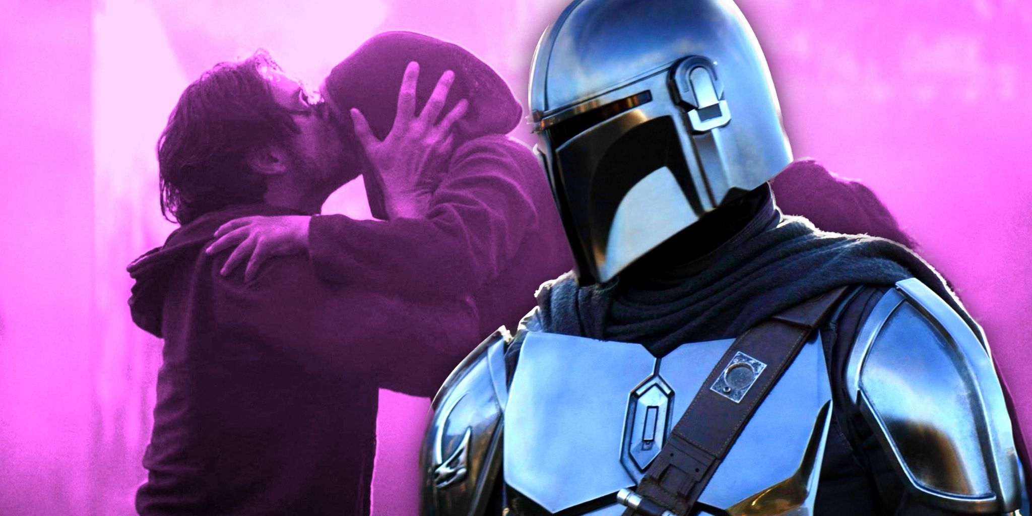 Din Djarin in The Mandalorian season 3 with him and his father in the background