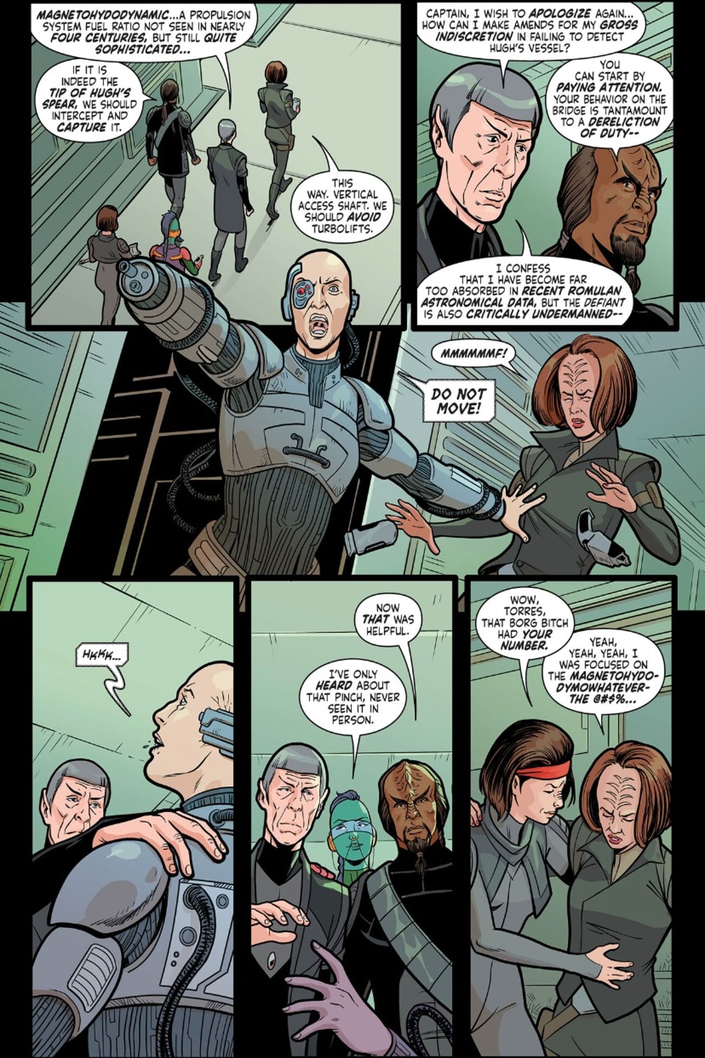 panels from Star Trek: Defiant #9, Spock Nerve Pinches a Borg after Defiant is boarded