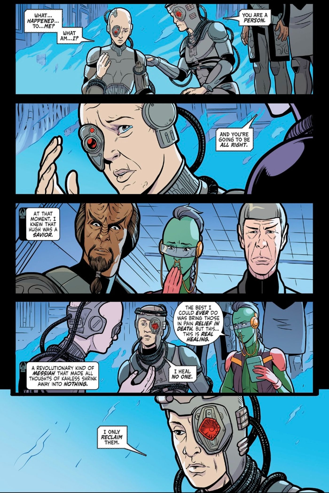 Star Trek: Defiant #9, Hugh liberates a Borg cube as the crew of the Defiant look on