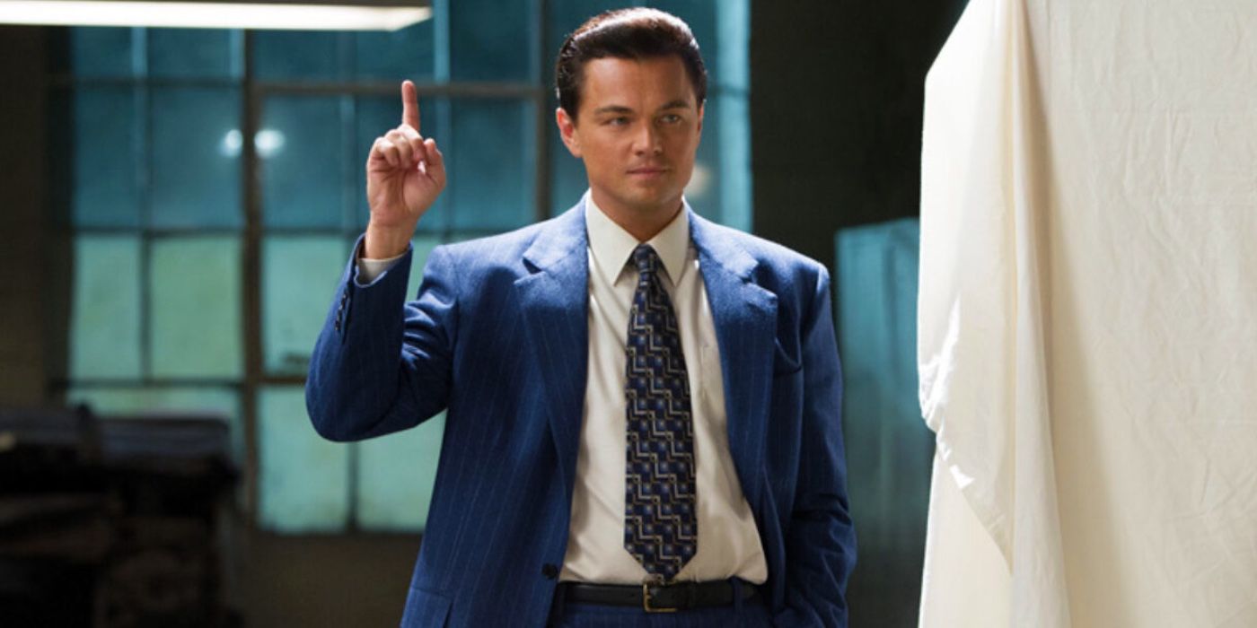 Leonardo DiCaprio's Jordan Belfort holding his finger up in The Wolf of Wall Street.