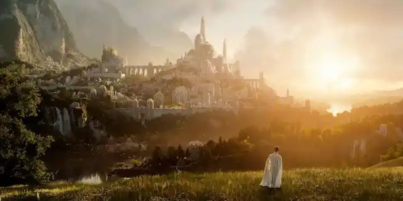 Uma imagem ampla de Finrod olhando para Valinor em Os Anéis de Poder. 