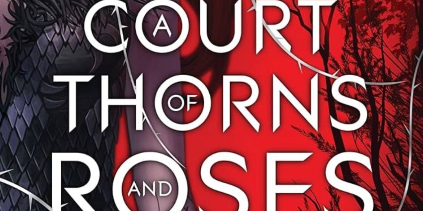 The cover for the novel A Court of Thorns and Roses featuring a woman's torso in a black dress and a red background