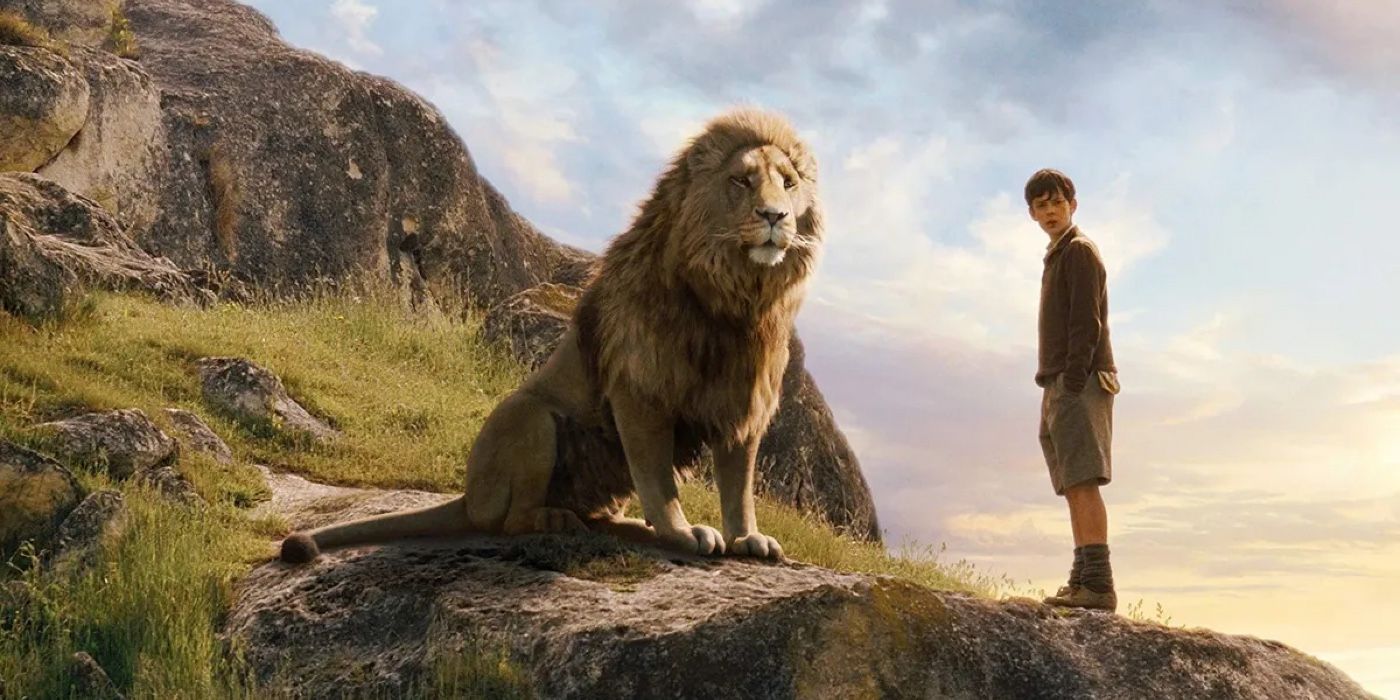 Edmund and Aslan stand on a rock in The Chronicles of Narnia. 