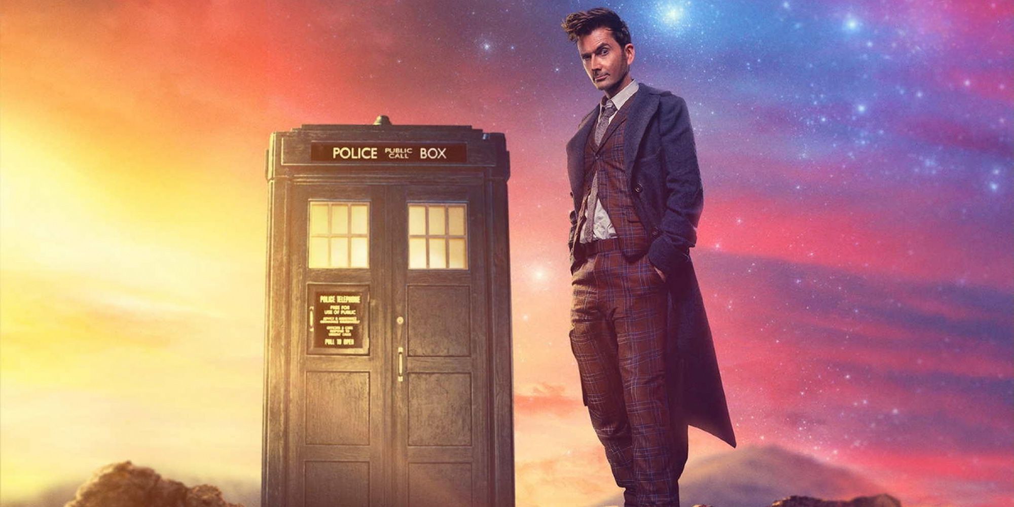 The Fourteenth Doctor standing in front of the Tardis in Doctor Who.