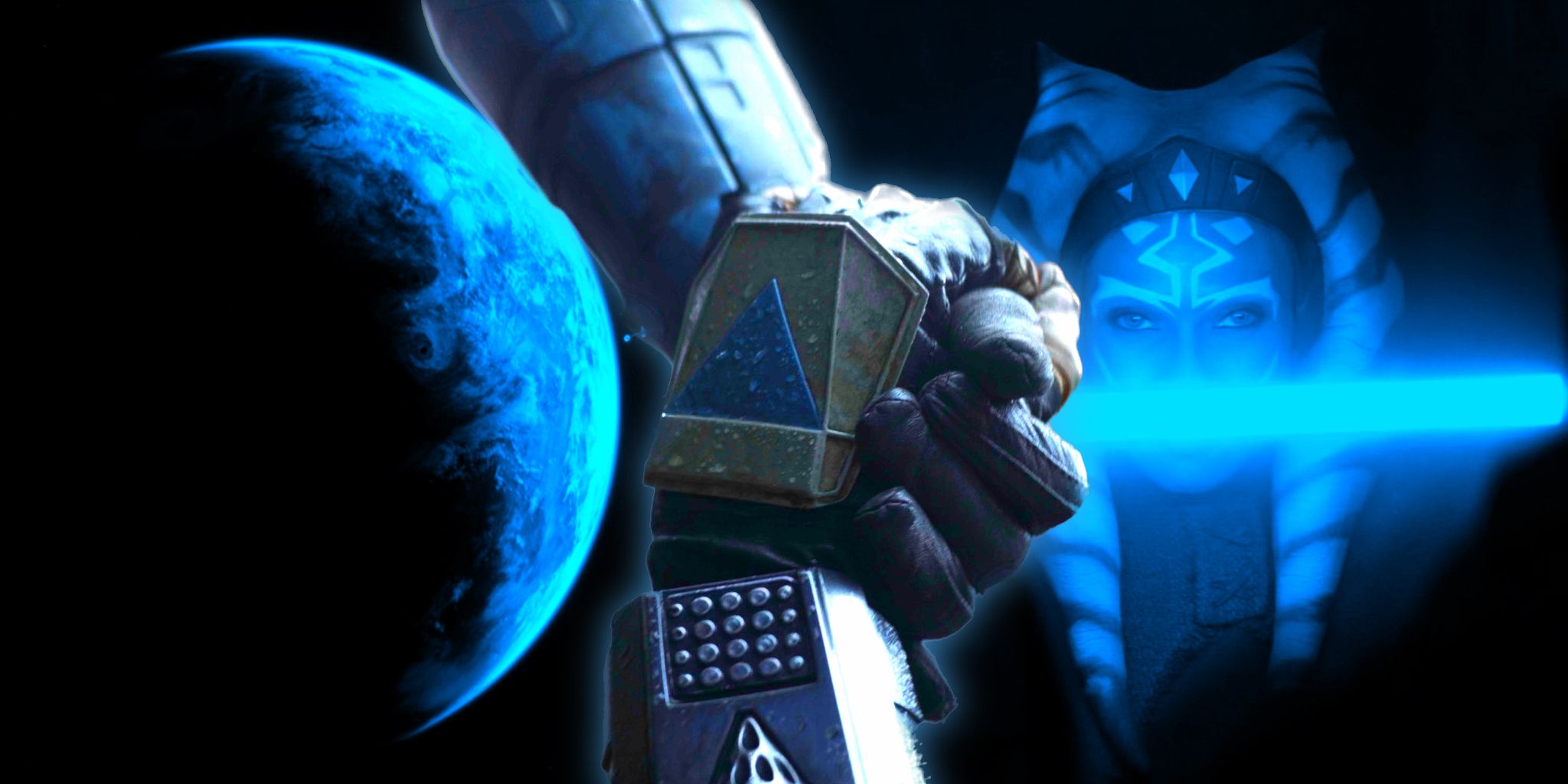 Bo-Katan&rsquo;s hand reaches for Din&rsquo;s to rescue him on Trask, with Mandalore and Ahsoka in the background