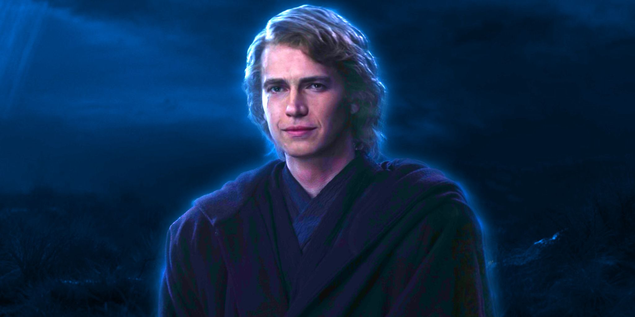 Hayden Christensen as Anakin Skywalker looks down upon Ahsoka as a Force ghost
