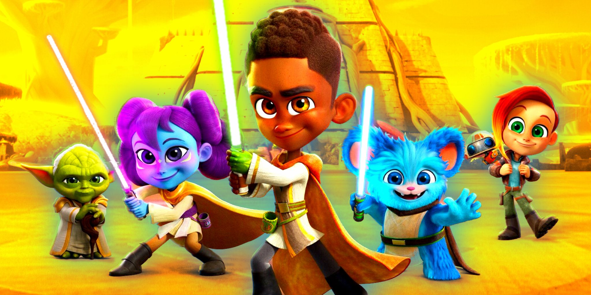 The characters of Star Wars: Young Jedi Adventures with a golden background