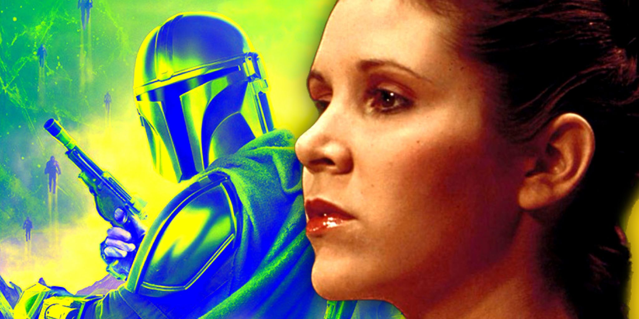 Princess Leia Organa in A New Hope, with The Mandalorian season 3 poster in the background
