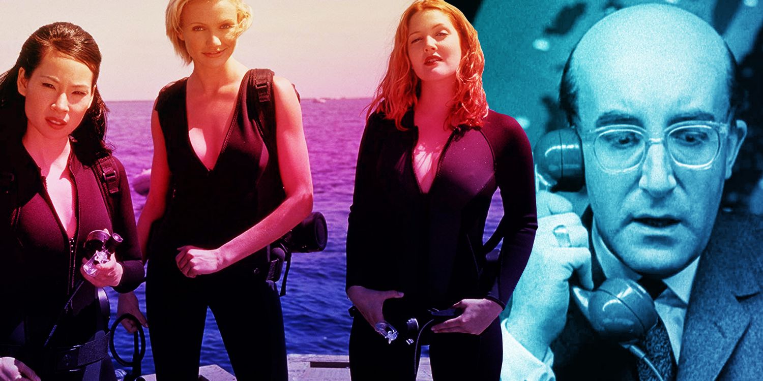 Collage of Lucy Liu as Alex, Cameron Diaz as Natalie, and Drew Barrymore as Dylan in Charlie&rsquo;s Angels, with Peter Sellers as President Merkin Muffley in Dr. Strangelove