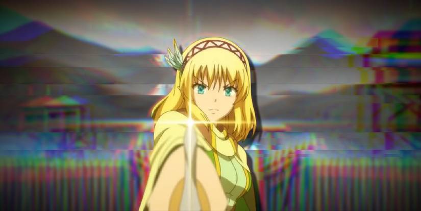 In the Land of Leadale main character pointing a sword at the viewer.