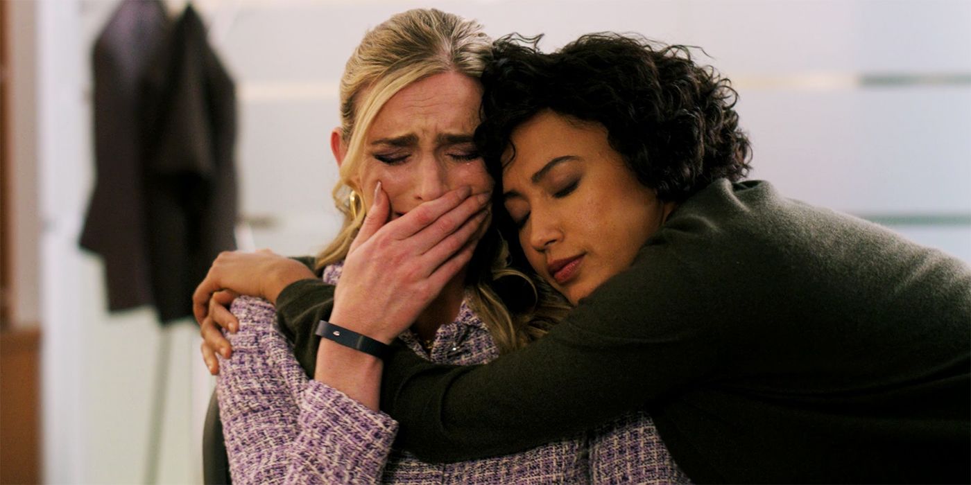 Ingrid crying while Nora hugs her in Upload season 3