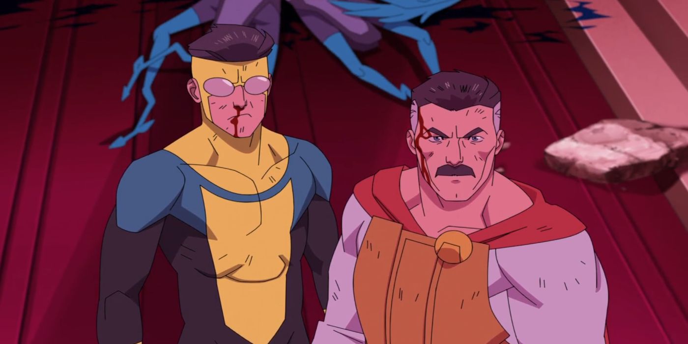 A bloodied Invincible and Omni-Man look up at Viltrumites in Invincible season 2