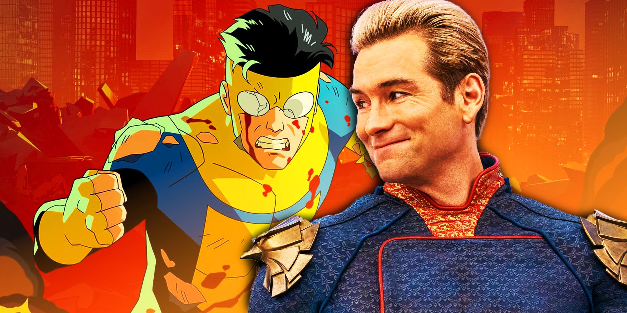 Mark Grayson in Invincible and Antony Starr as Homelander in The Boys.