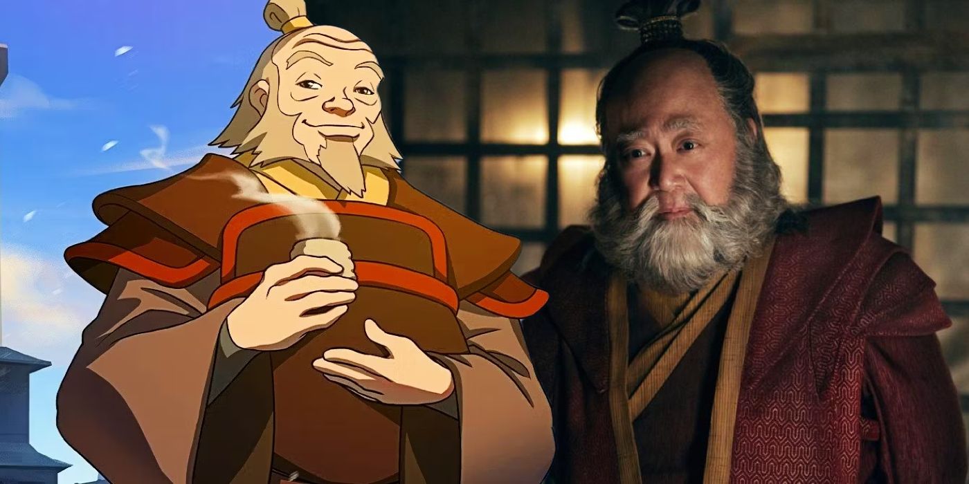 Iroh (Paul Sun-Hyung Lee) from Netflix's Last Airbender show next to Iroh drinking tea in the original show