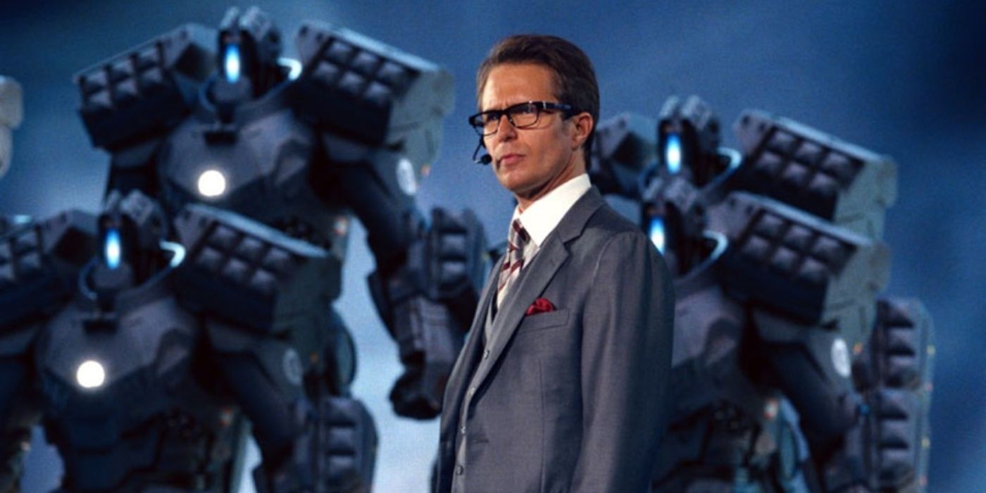 Iron Man 2's Justin Hammer with his armored suits. 