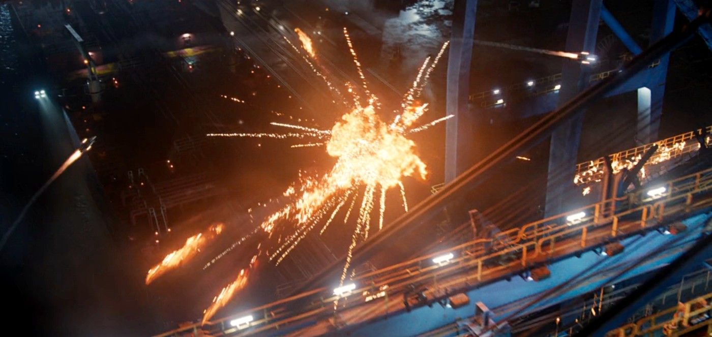 Iron Man Suits Blowing Up in a shipyard in Iron Man 3