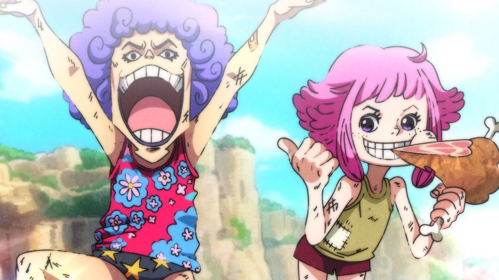 Colored manga panel from ONe Piece 1095 shows a young Ivankov yelling with his arms raised in the air while the pink haired Ginny stands next to him smiling while she eats a chunk of meat on a bone.