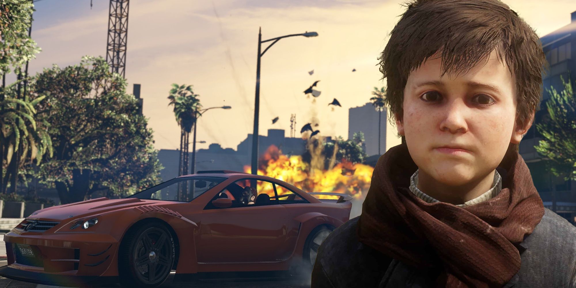 A sad, young Jack Marston with one of GTA's explosive car chases behind him