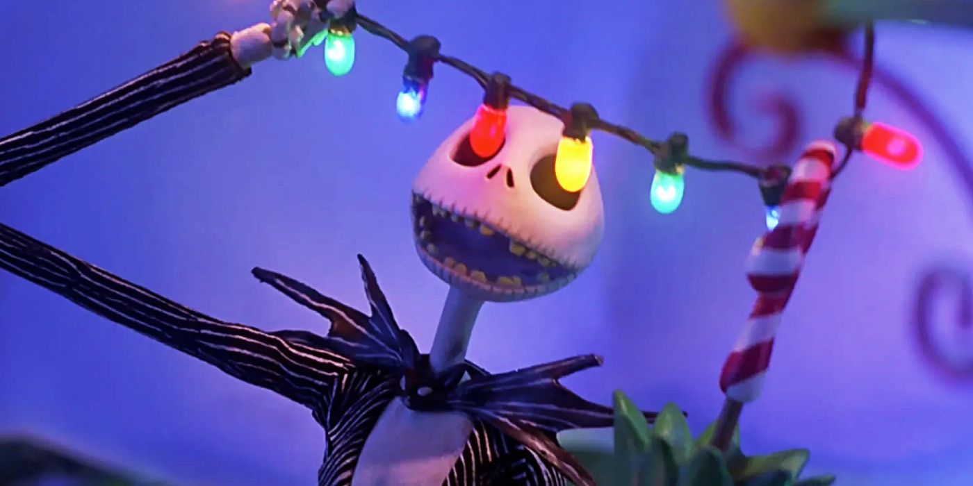 Jack Skellington holding Christmas lights in front of his eye sockets in The Nightmare Before Christmas.