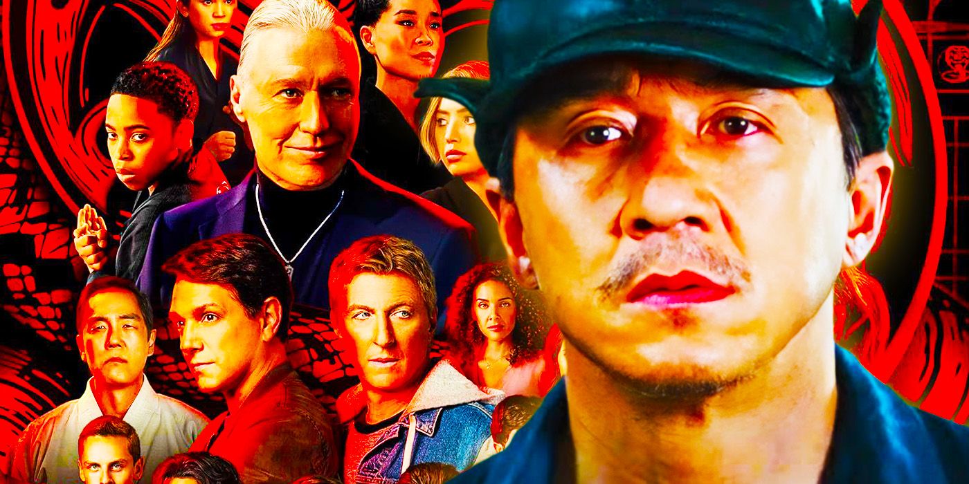 Jackie Chan como Sr. Han ao lado do pôster da 5ª temporada de Cobra Kai