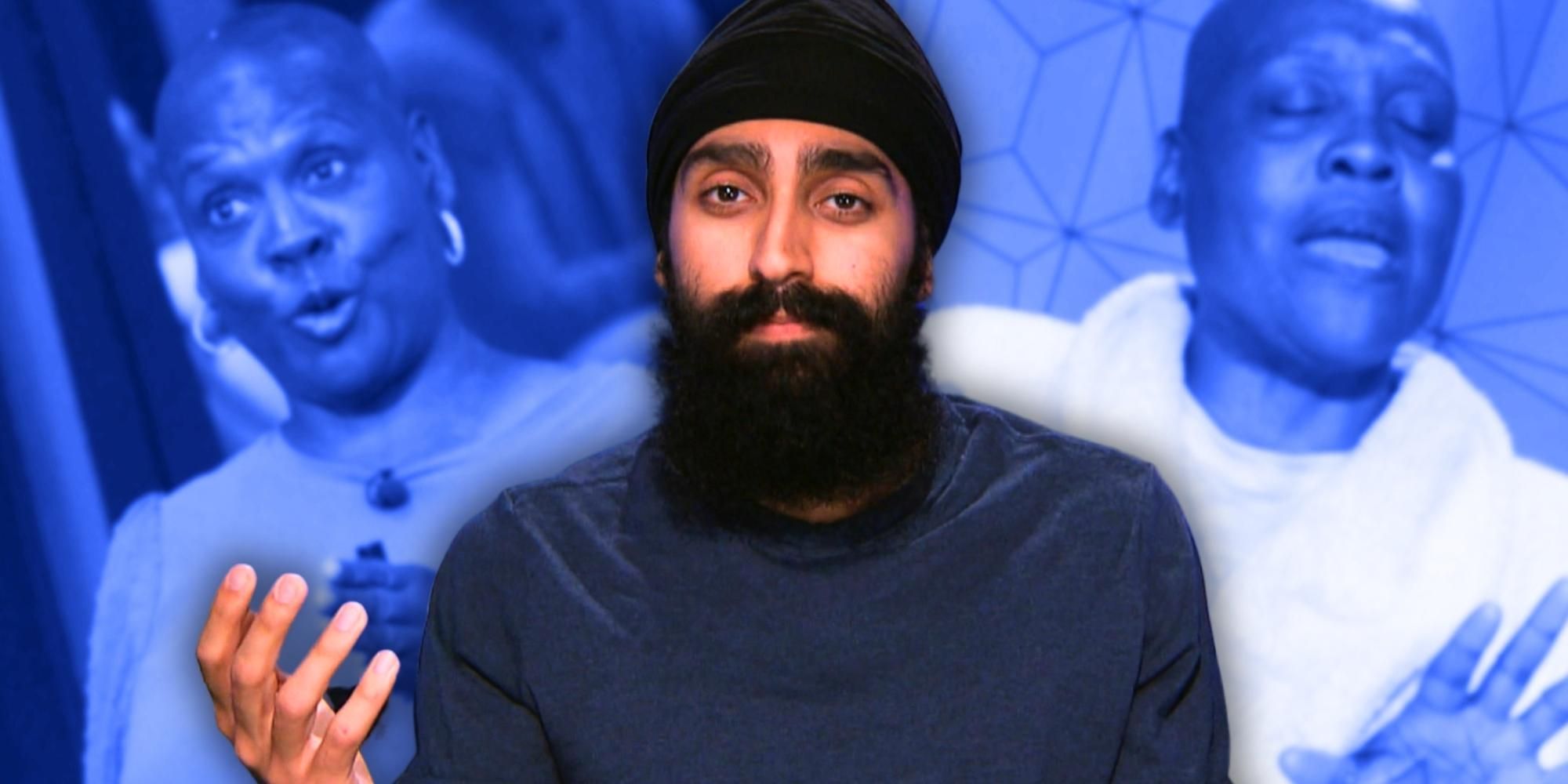 Big Brother 25’s Jag Bains, with montage of Felicia Cannon in blue background