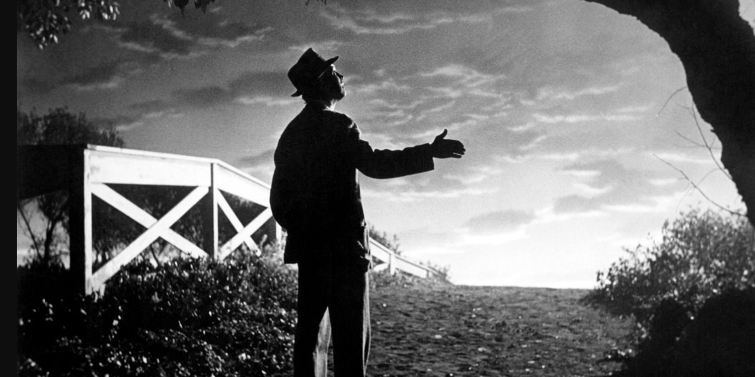 James Stewart as Elwood P. Dowd holding his imaginary friend in the ending of Harvey