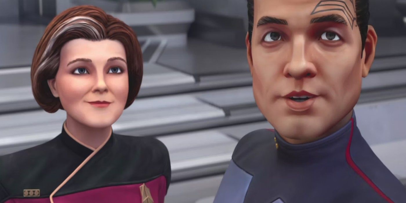 Admiral Janeway and Captain Chakotay stand together talking in Star Trek: Prodigy season 1.