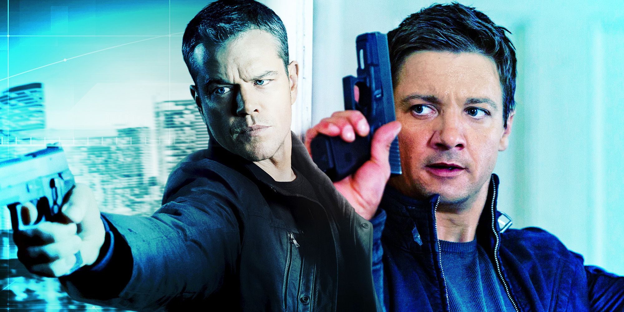 Composite image of Matt Damon and Jeremy Renner in the Bourne franchise