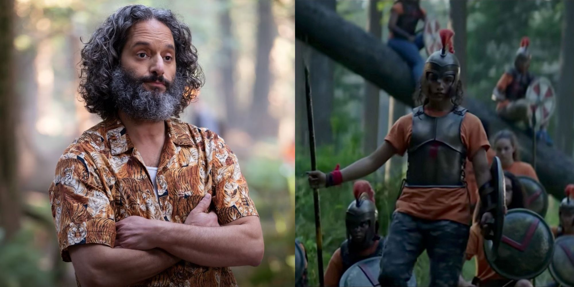 Jason Mantzoukas as Dionysus and campers at Camp Half-Blood in Percy Jackson