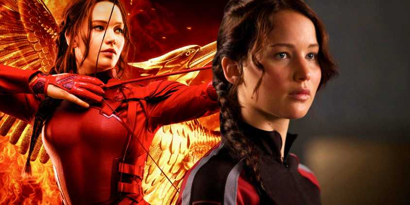 Jennifer Lawrence as Katniss Everdeen next to the poster for The Hunger Games: Mockingjay - Part 2