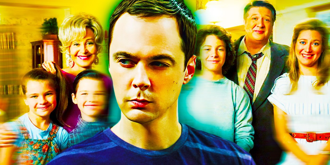 Jim Parsons como Sheldon Cooper e sua família de Young Sheldon