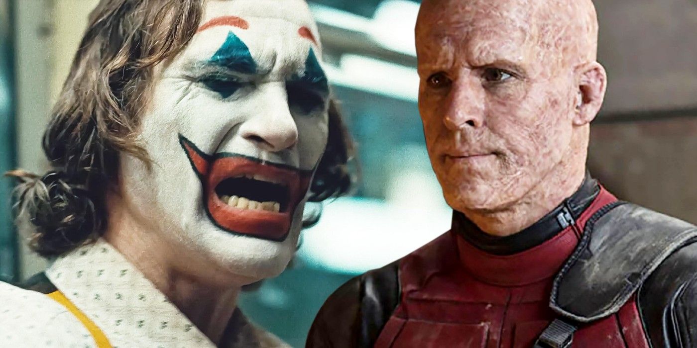 Joaquin Phoenix's Joker cries out and Ryan Reyndolds' Deadpool looks concerned without his mask on.