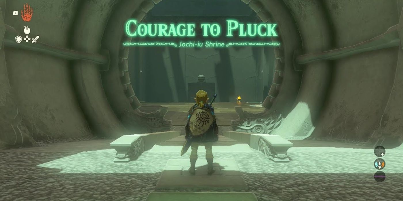 Jochi-iu Shrine In Zelda TOTK with the words &ldquo;Courage To Pluck&rdquo;