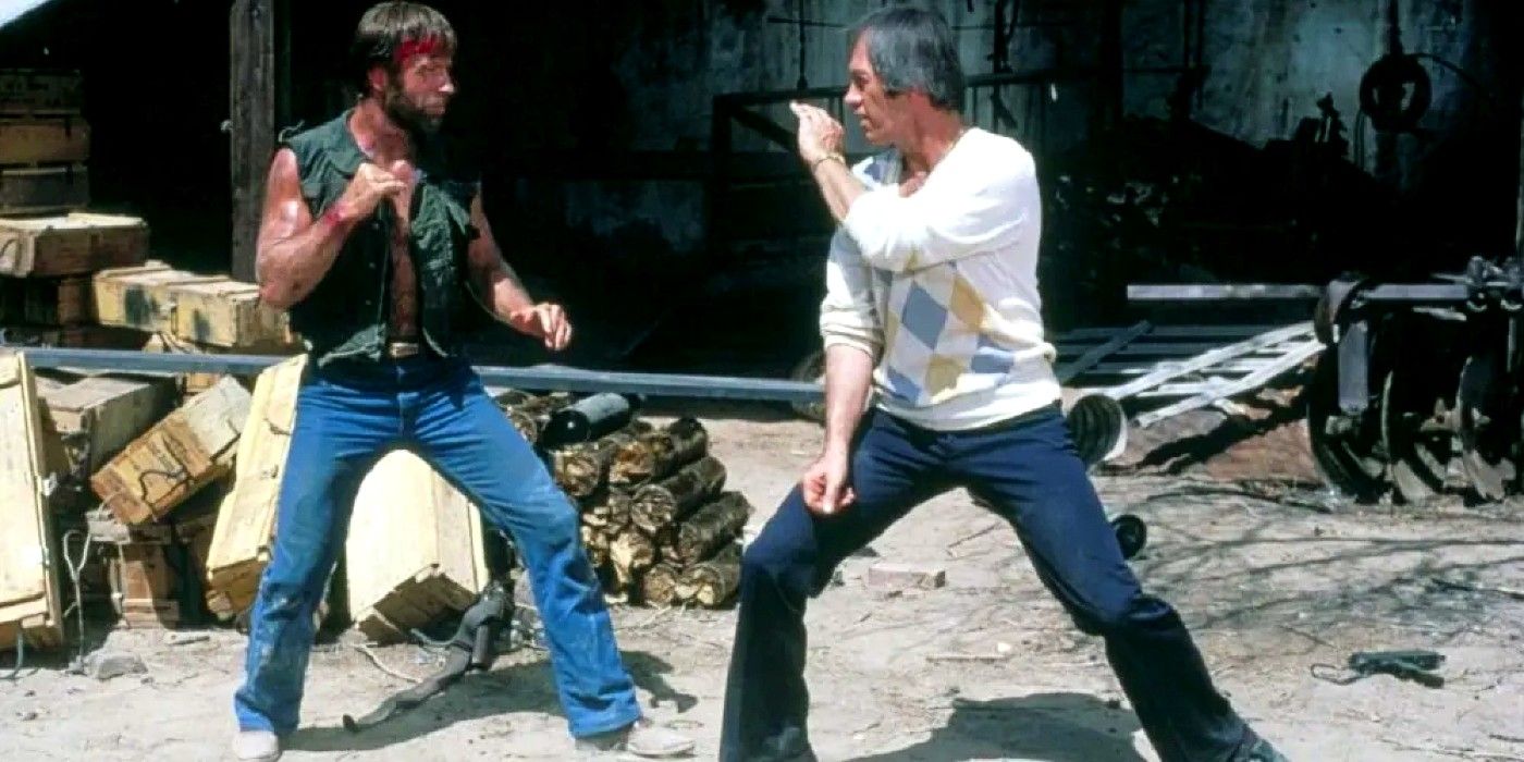 John Carradine fighting Chuck Norris in Lone Wolf McQuade
