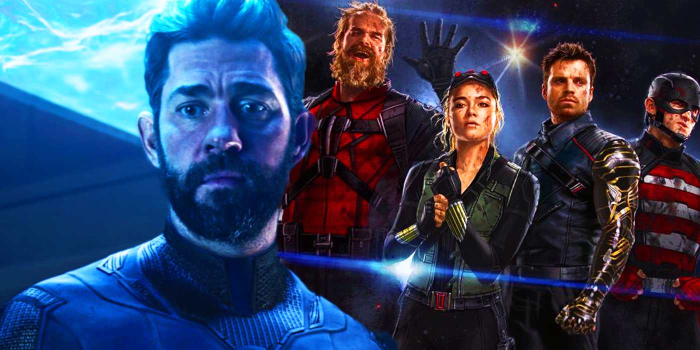 John Krasinski&rsquo;s Reed Richards in Doctor Strange in the Multiverse of Madness with Red Guardian, Yelena Belova, Bucky Barnes, and US Agent of the MCU&rsquo;s Thunderbolts