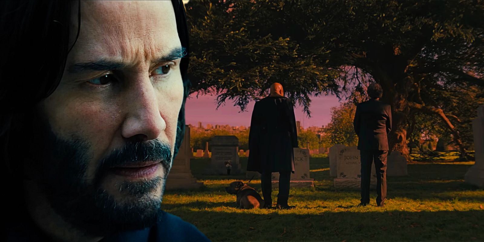 This collage shows John Wick next to his gravesite.