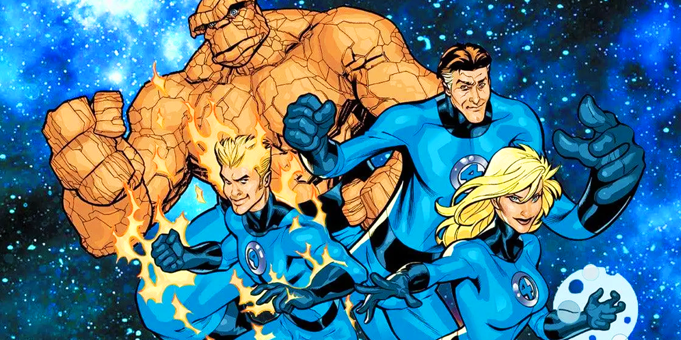 Comic book art: Johnny Storm, the Thing, Reed Richards, and Sue Storm pose together as the Fantastic Four in Marvel Comics.