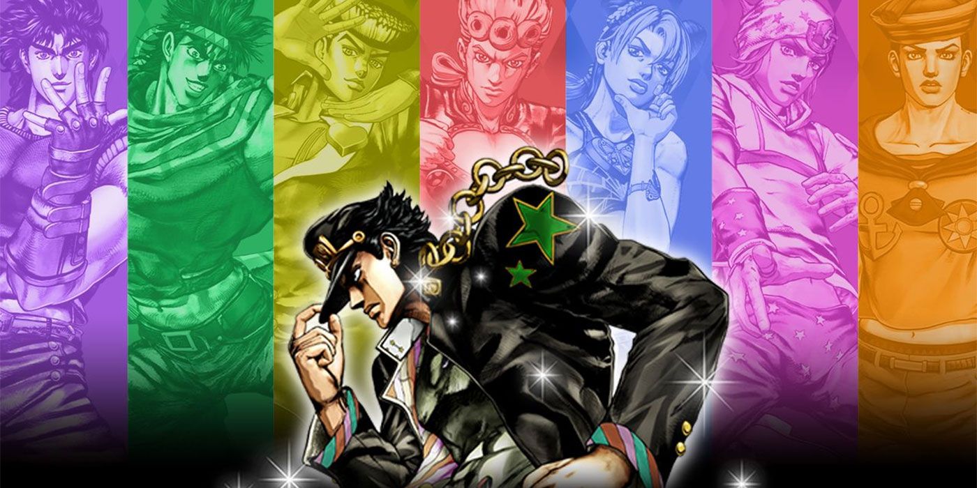 JoJo's Bizarre Adventure key art depicting Jotaro and all of the other Jojos on a colored background.