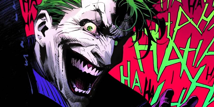Comic book art: the Joker laughing chaotically, jagged "hahaha" lettering in background.