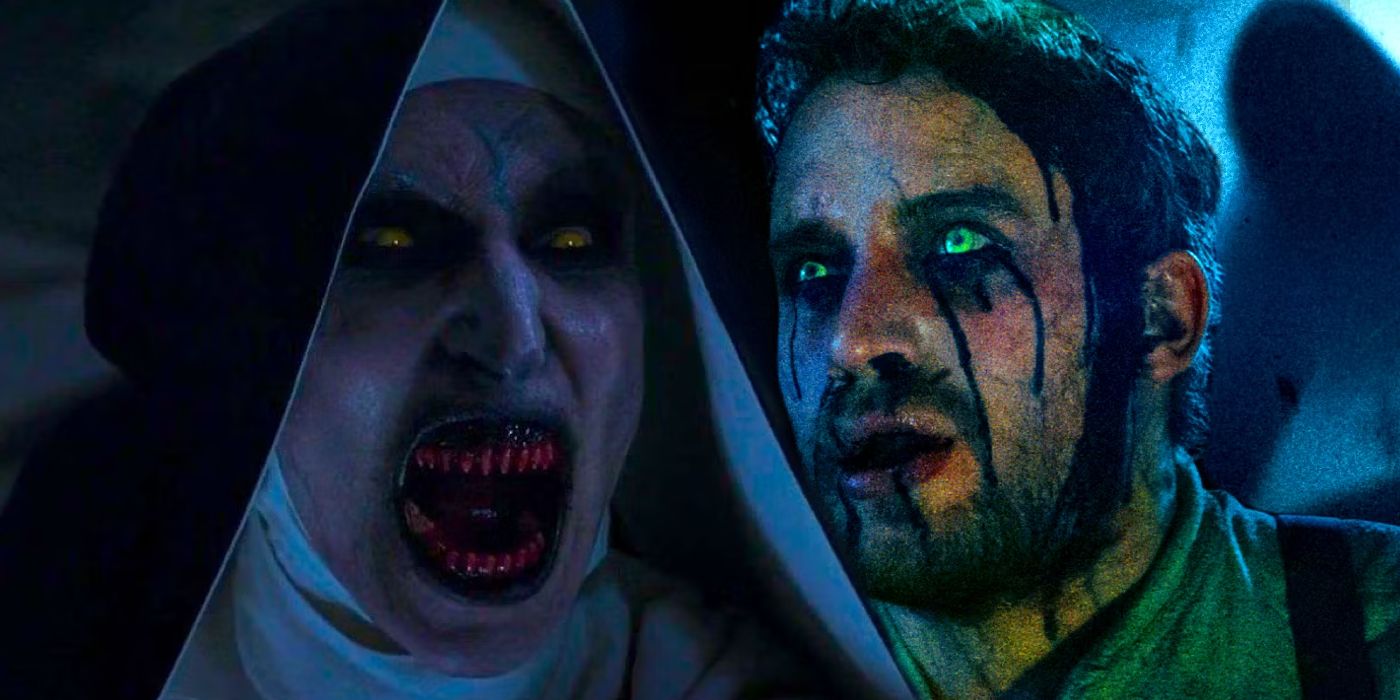 Custom image of Valak screaming in The Nun and Maurice possessed with green eyes and bleedingin The Nun 2