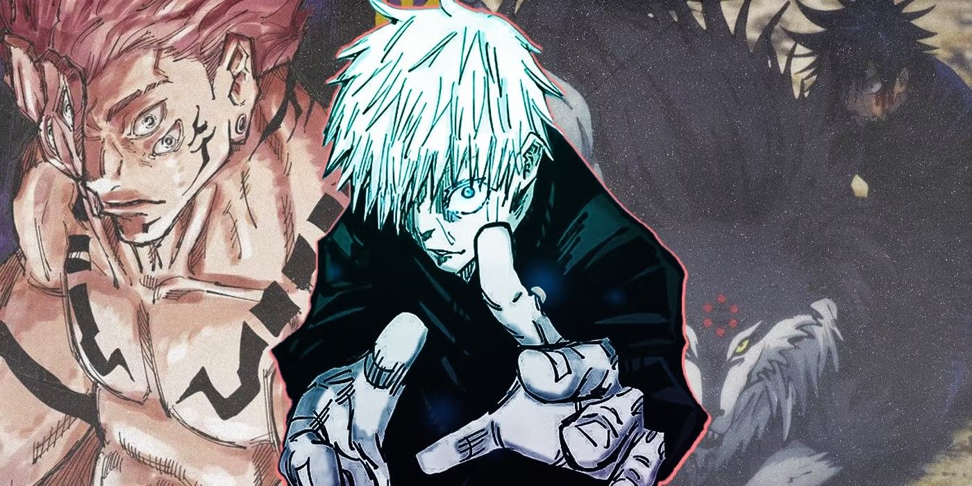 gojo with his hands reaching towards the camera looking up through his hair with sukuna in his true form and megumi with a divine dog in the background from jujutsu kaisen