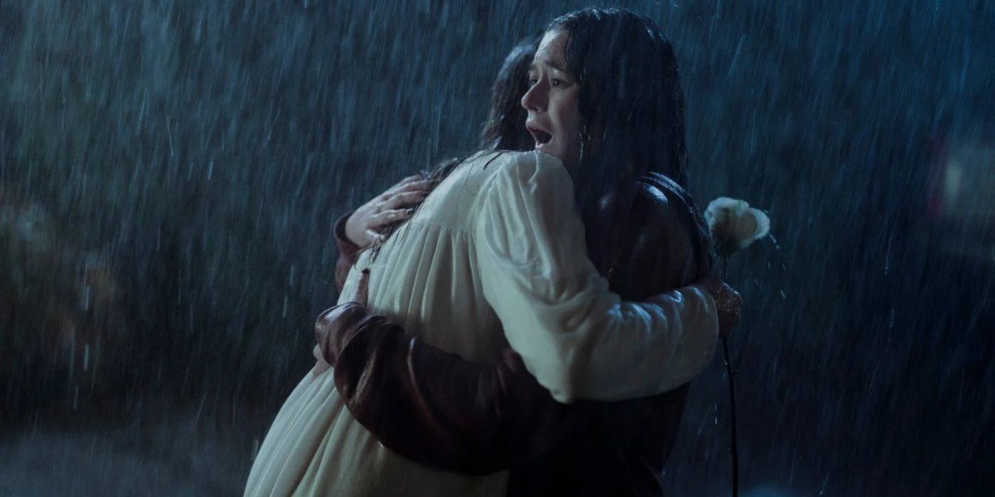 Jules hugs Mae in the rain in Devil in Ohio.