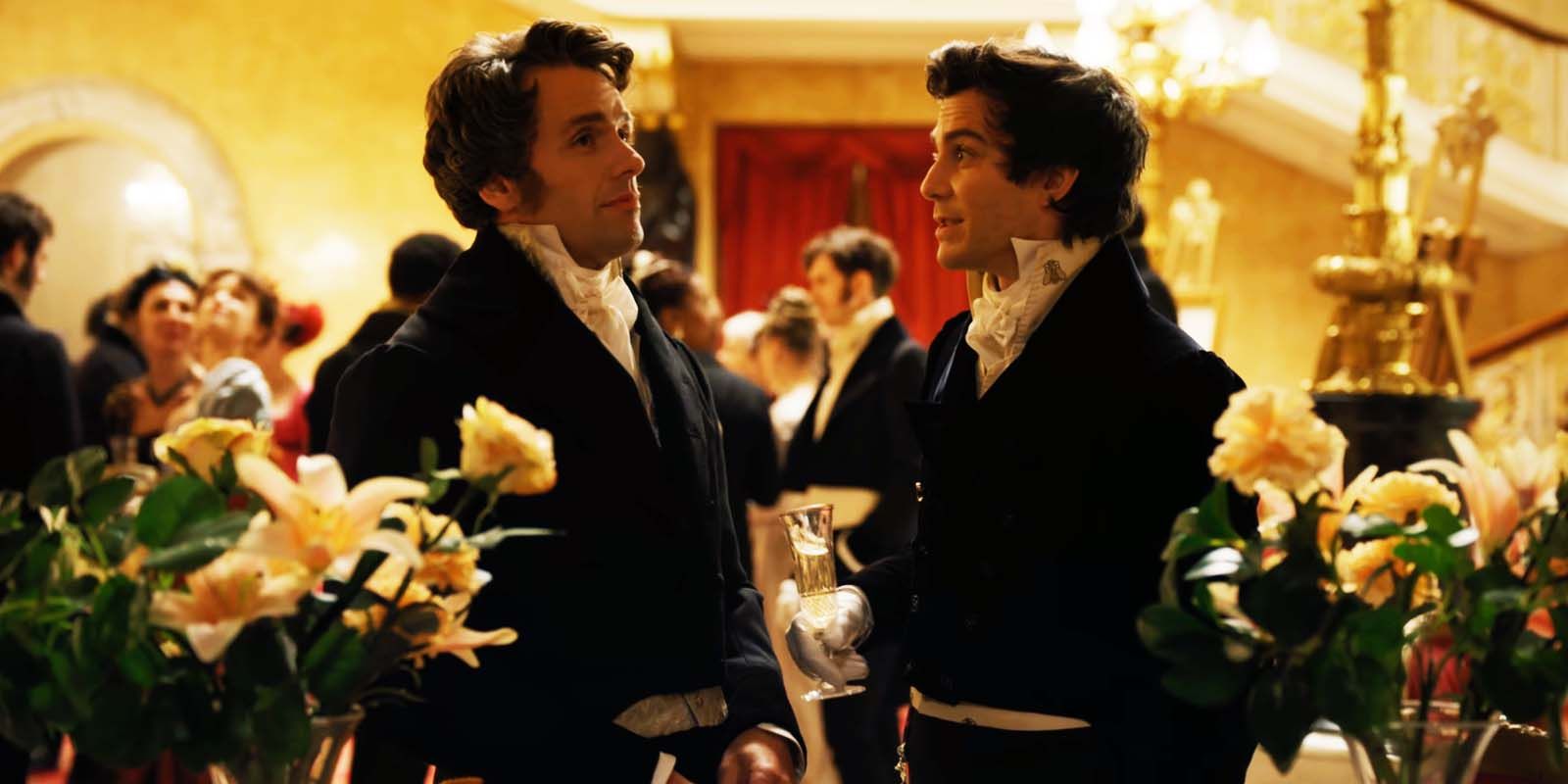 Julian Ovenden as Sir Henry Granville and Luke Thompson as Benedict Bridgerton in Bridgerton season 1