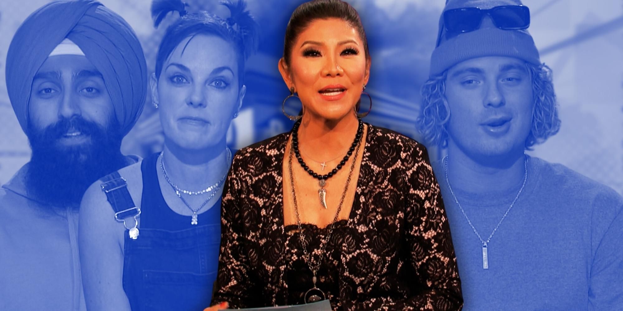 Big Brother host Julie Chen Moonves, flanked by Jag Bains, Matt Klotz and Bowie Jane, with a blue background