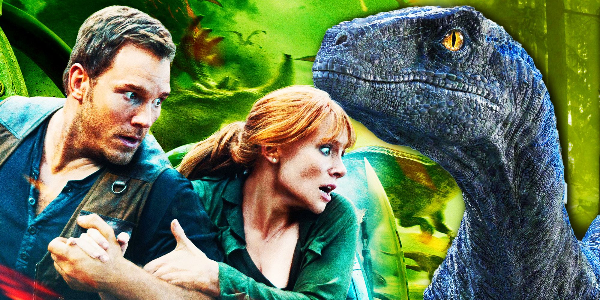 Chris Pratt, Bryce Dallas Howard, and Blue in Jurassic World