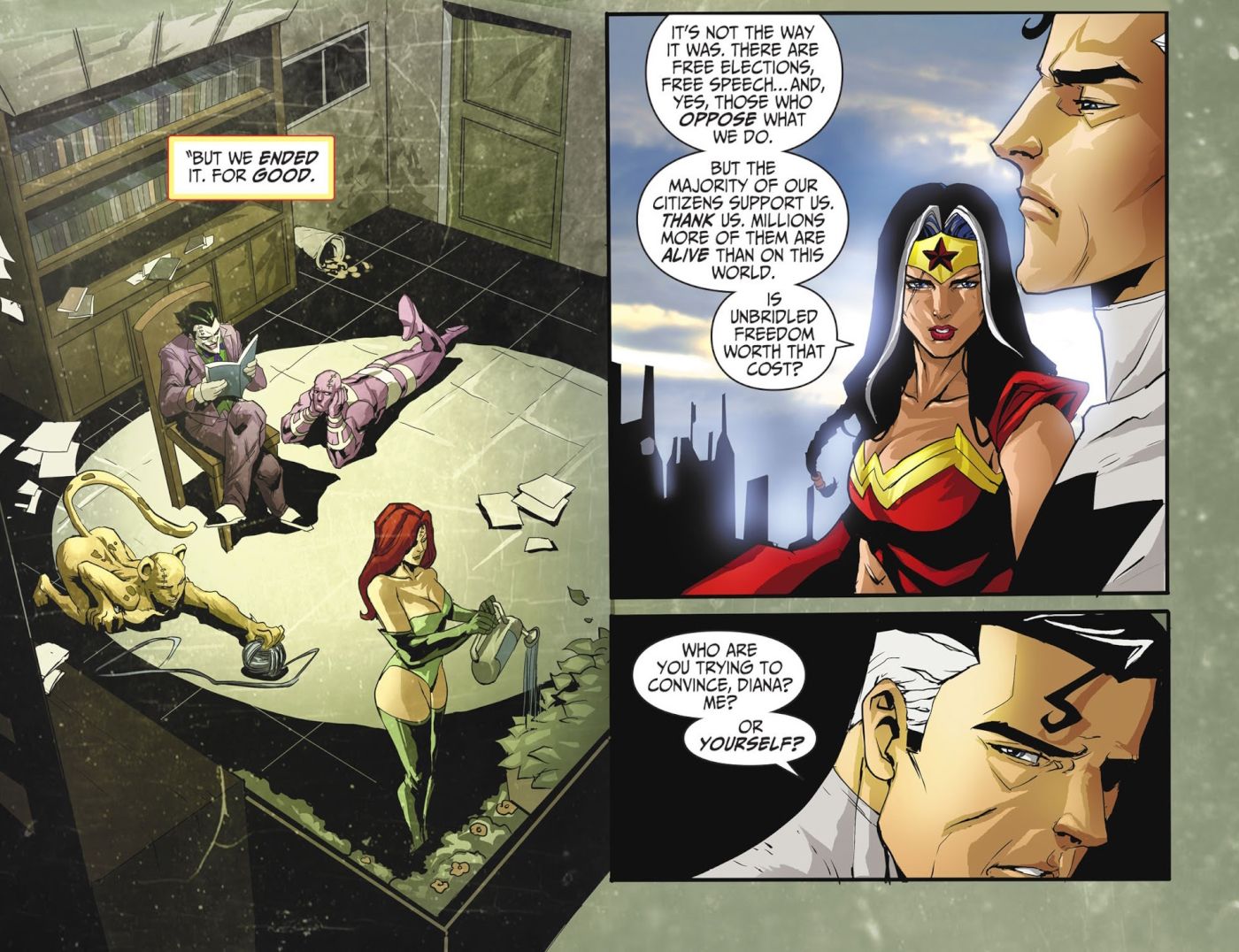 Comic book panels: Costumed super villains sit in a grimy room, lobotomized, while cruel &ldquo;heroes&rdquo; discuss them.