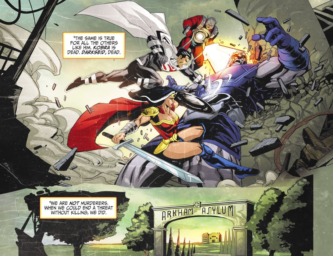 Comic book panels: costumed superheroes tackle a villain before transitioning to the gates of Arkham Asylum.
