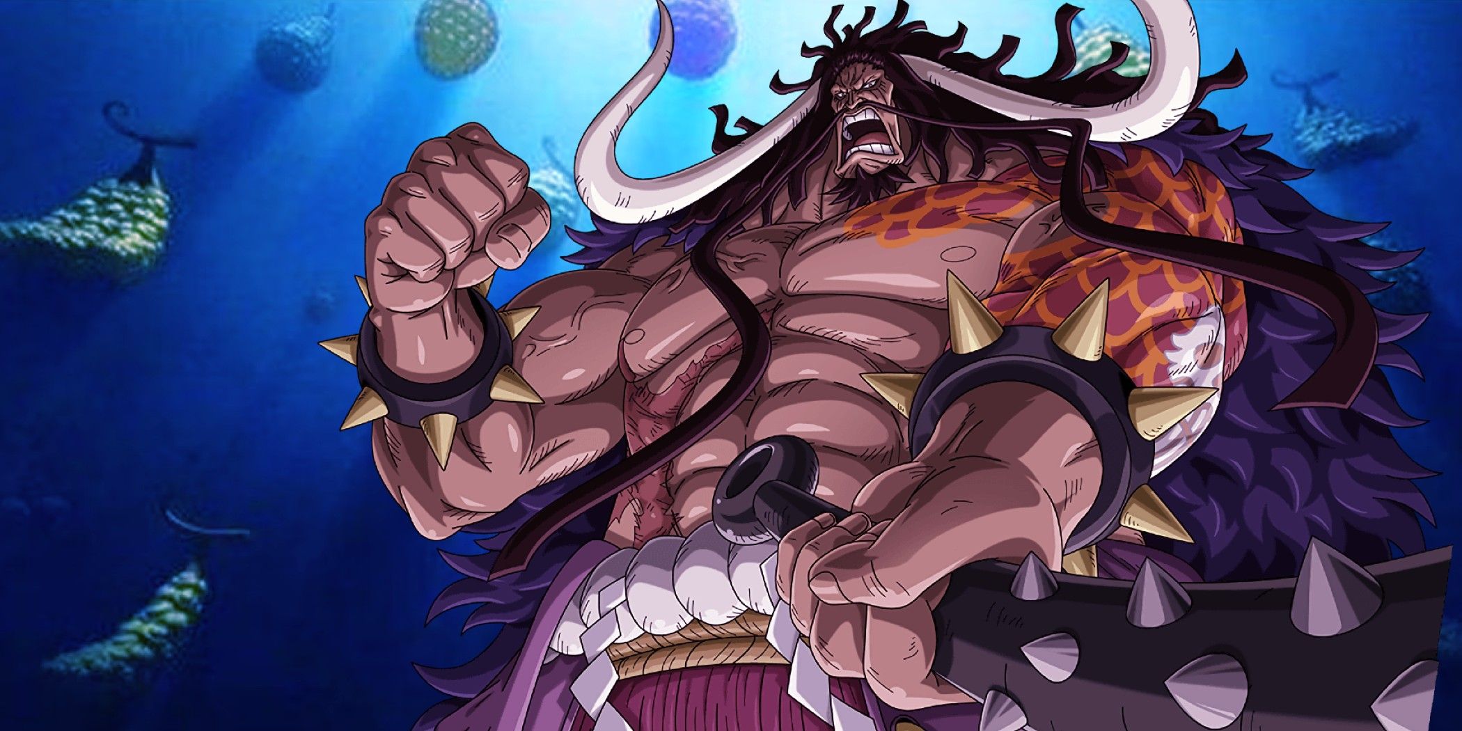 Kaido from One Piece, wielding his weapon in a dynamic pose being surrounded by Devil Fruits.